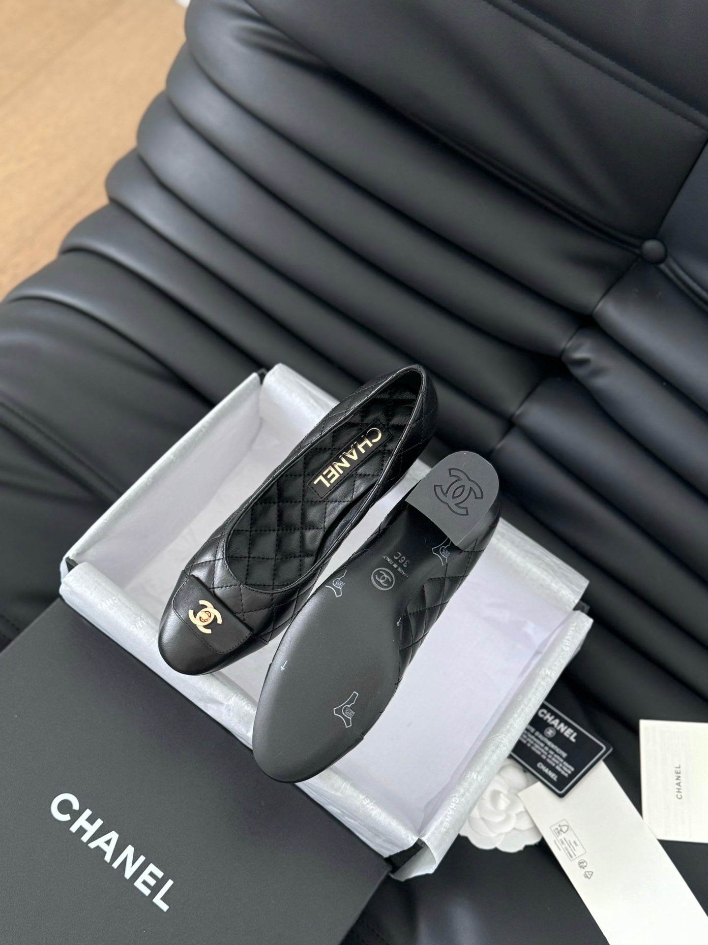 cc classic ballet flat with heel black quilted calfskin