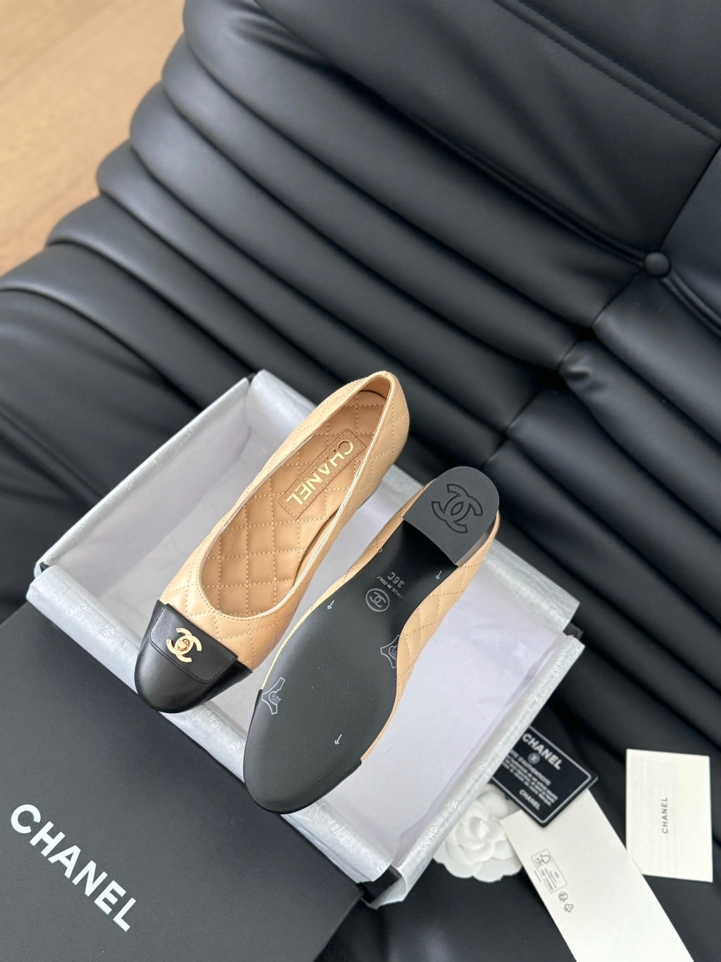 cc classic ballet flat with heel beige quilted calfskin