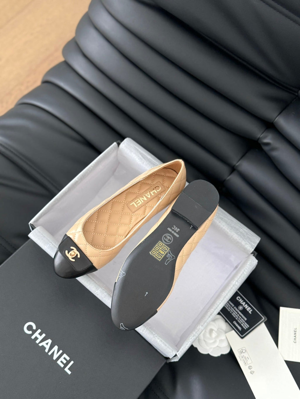 cc classic ballet flat beige quilted calfskin