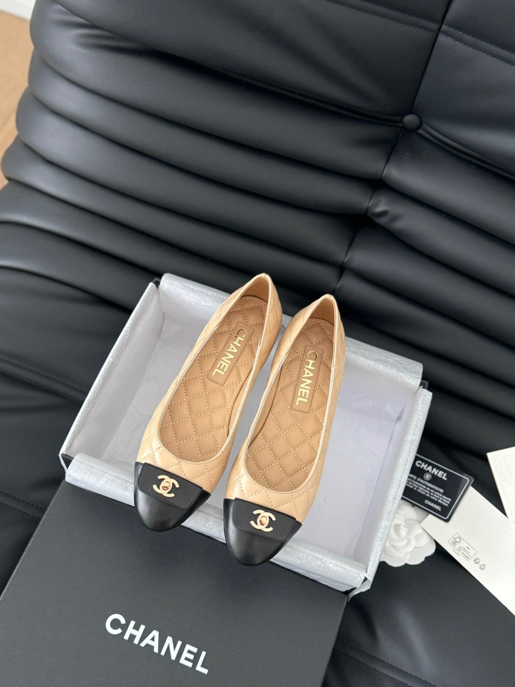 cc classic ballet flat beige quilted calfskin