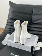 CC Ankle Boot White Calfskin Black Grosgrain