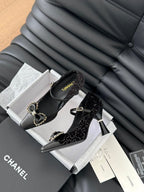 CC POINTED TOE HIGH HEELS IN BLACK VELVET AND LAMBSKIN GOLD HARDWARE