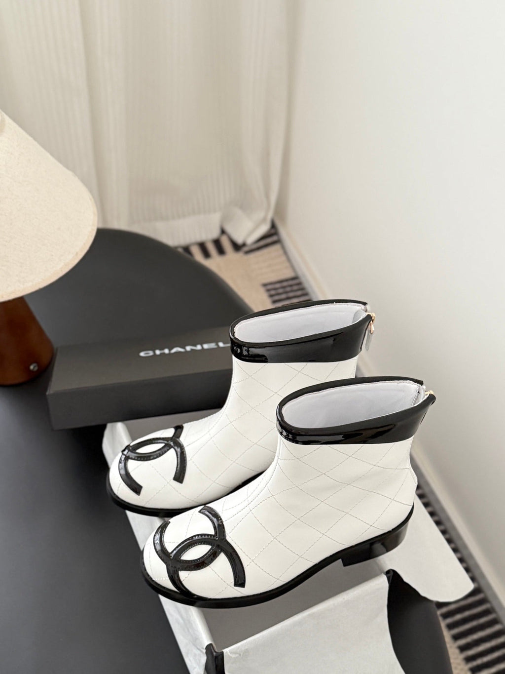 CC 2025   Cambon Mid-Calf Short Boots White Black Cowhide 550633