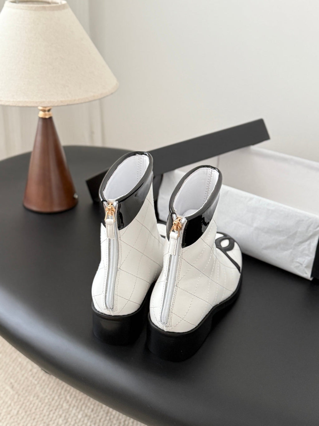 CC 2025   Cambon Mid-Calf Short Boots White Black Cowhide 550633