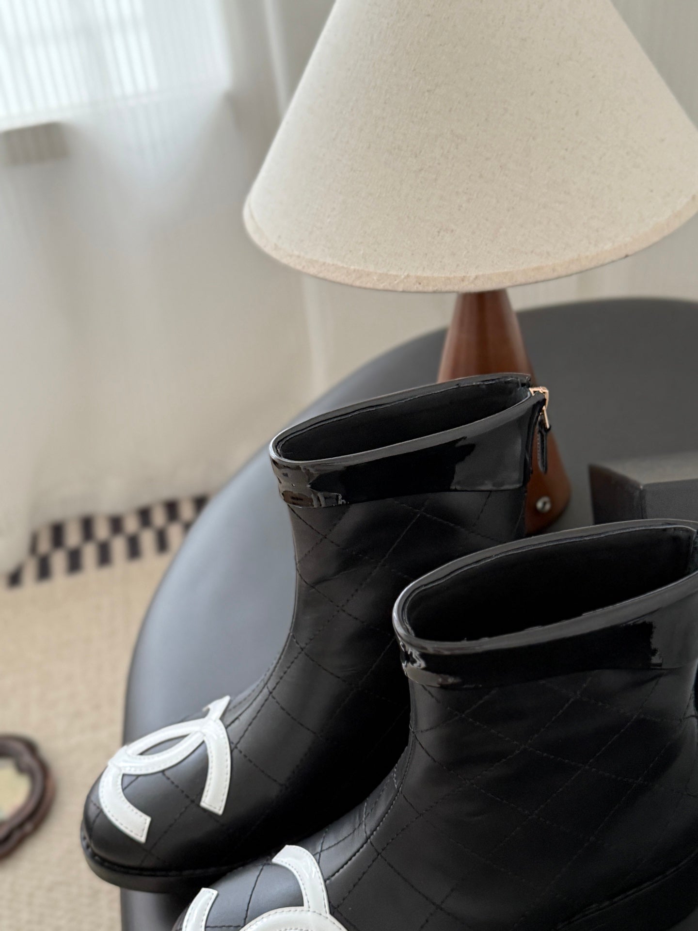 CC 2025   Cambon Mid-Calf Short Boots Black White Cowhide 550634