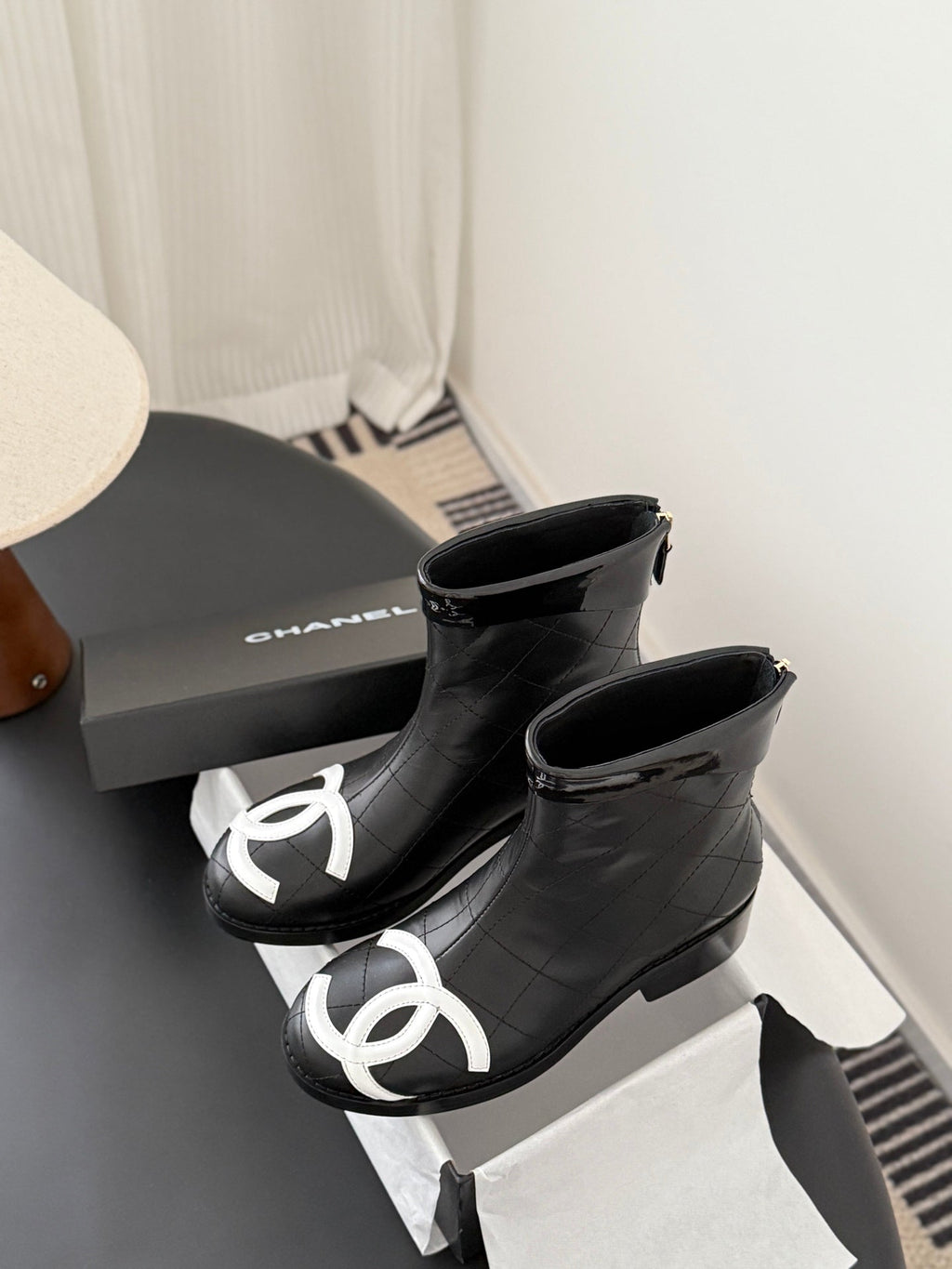 CC 2025   Cambon Mid-Calf Short Boots Black White Cowhide 550634