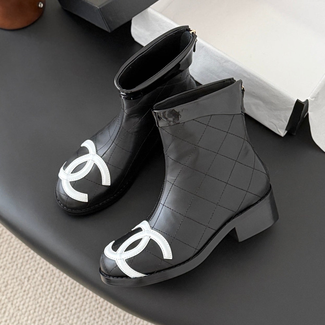 CC 2025   Cambon Mid-Calf Short Boots Black White Cowhide 550634