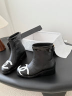 CC 2025   Cambon Mid-Calf Short Boots Black White Cowhide 550634