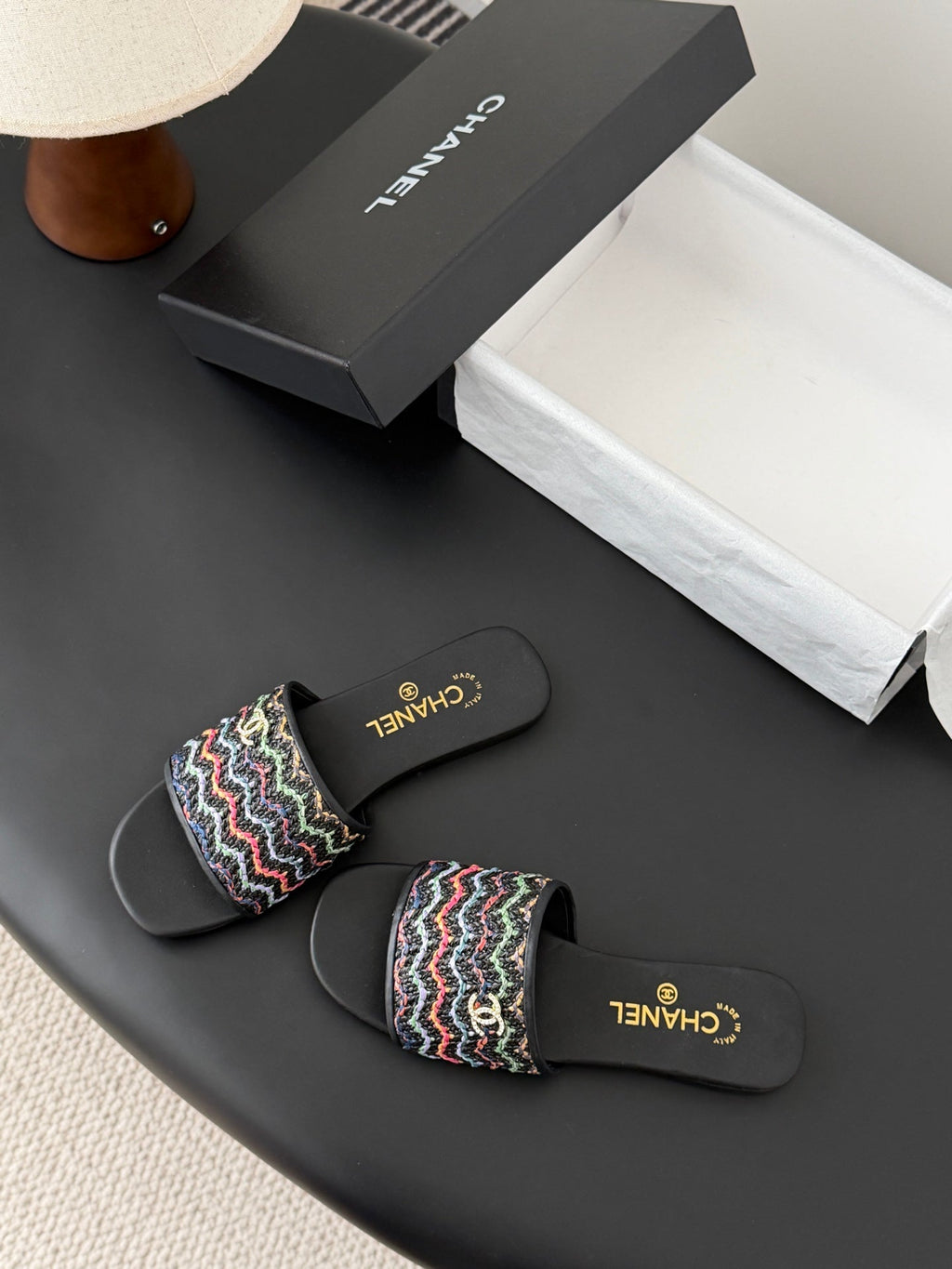 CC 26SS Slippers Black Colorful Woven Lambskin 670822