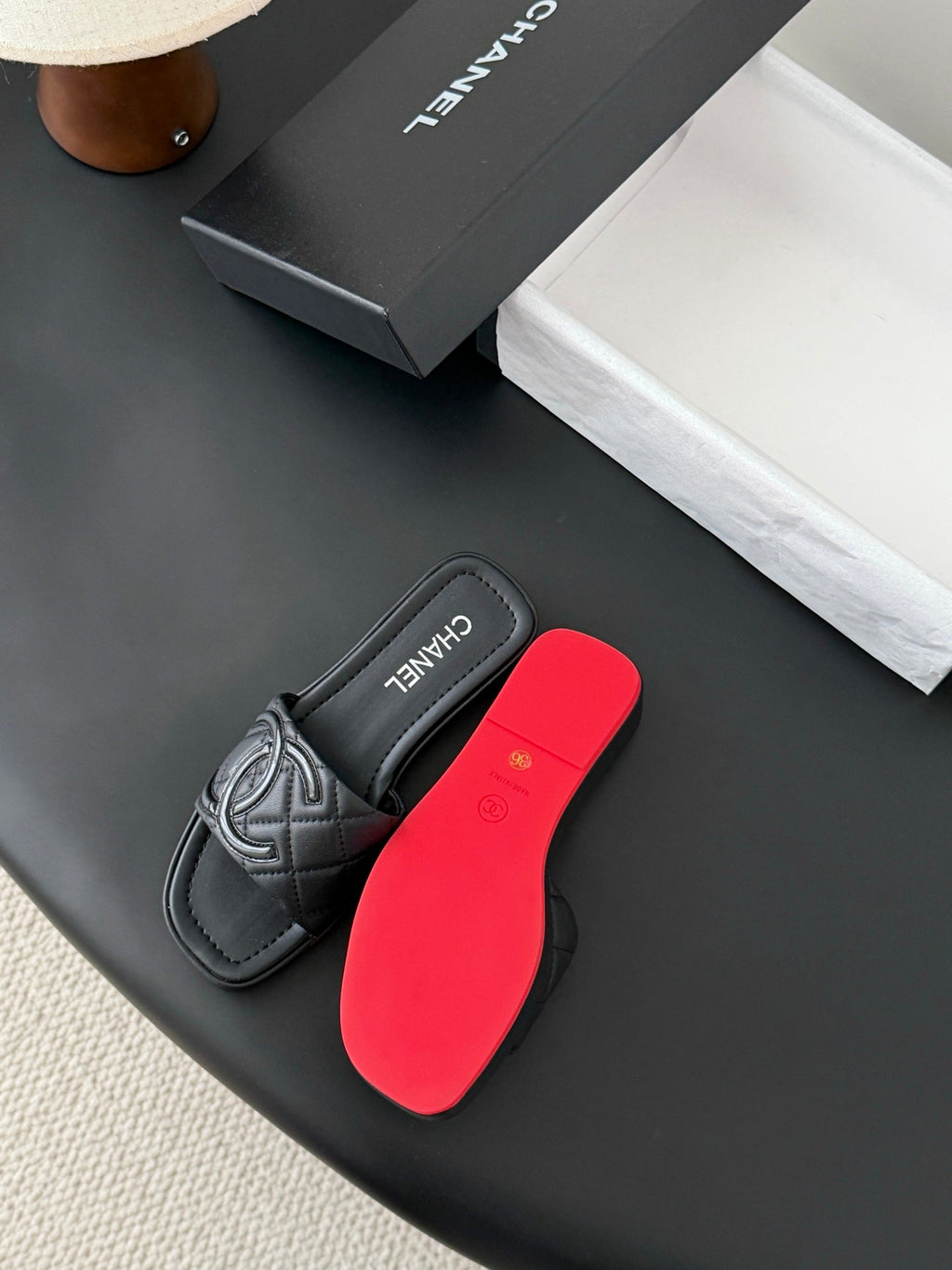 CC 26K Cambon Slippers Full Black Lambskin 670825