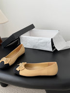 CC 26K Bow Ballet Flat Beige Black Lambskin Canvas 670828
