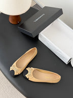 CC 26K Bow Ballet Flat Beige Black Lambskin Canvas 670828