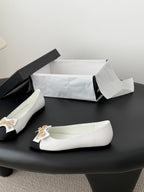 CC 26K Bow Ballet Flat White Black Lambskin Canvas 670829
