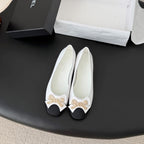 CC 26K Bow Ballet Flat White Black Lambskin Canvas 670829
