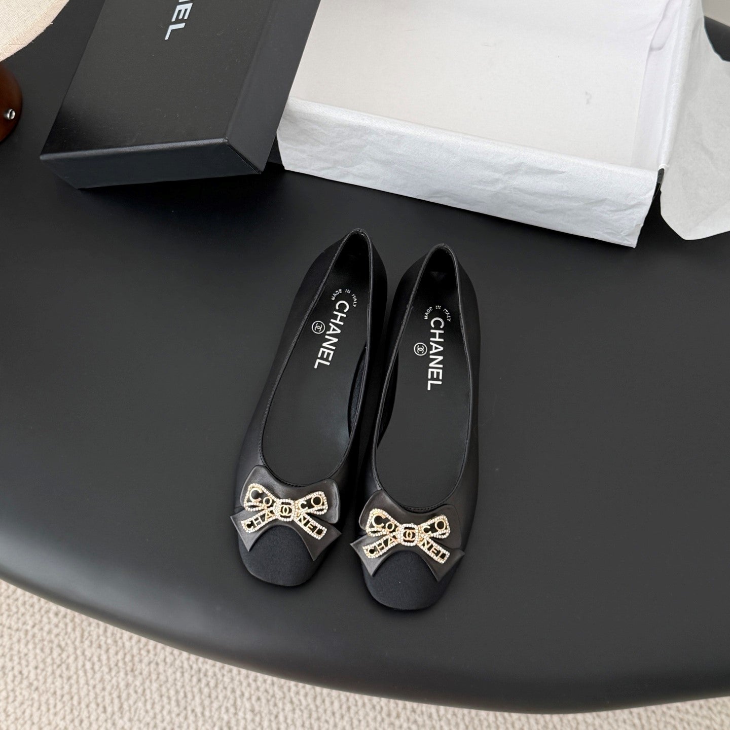 CC 26K Bow Ballet Flat Black Lambskin Canvas 670830