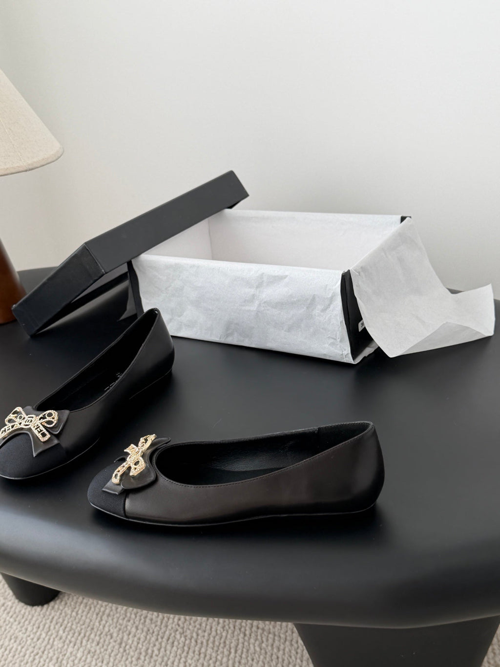 CC 26K Bow Ballet Flat Black Lambskin Canvas 670830