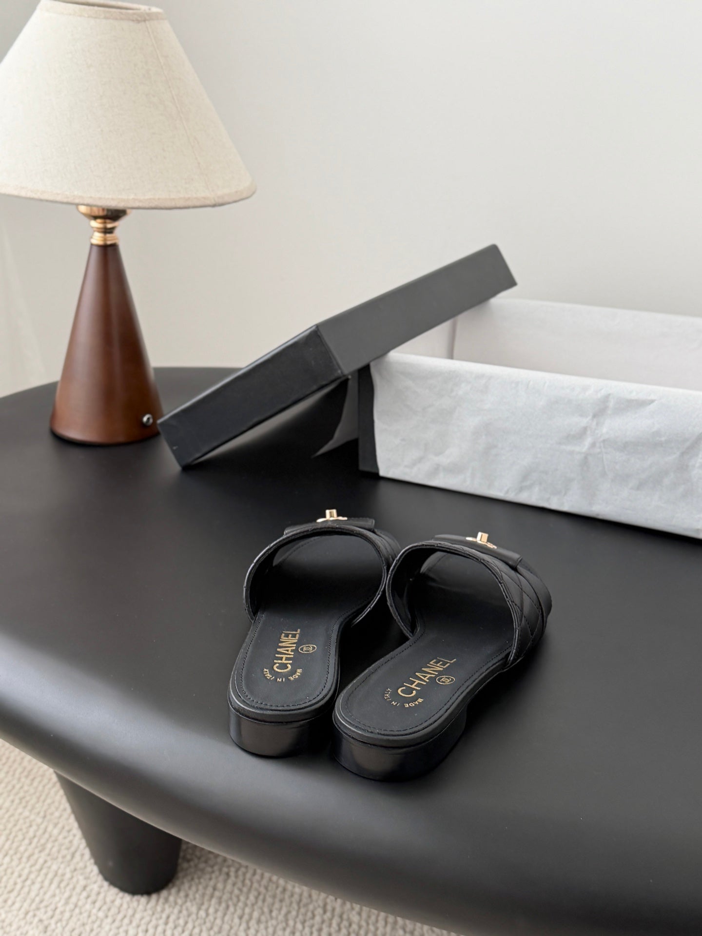 CC 26C Slippers Black Quited Lambskin 670607
