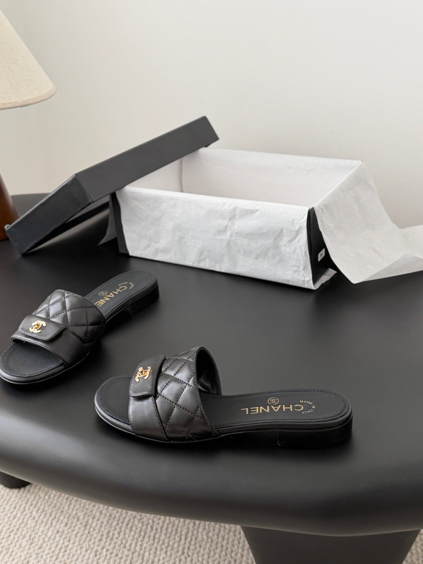 CC 26C Slippers Black Quited Lambskin 670607