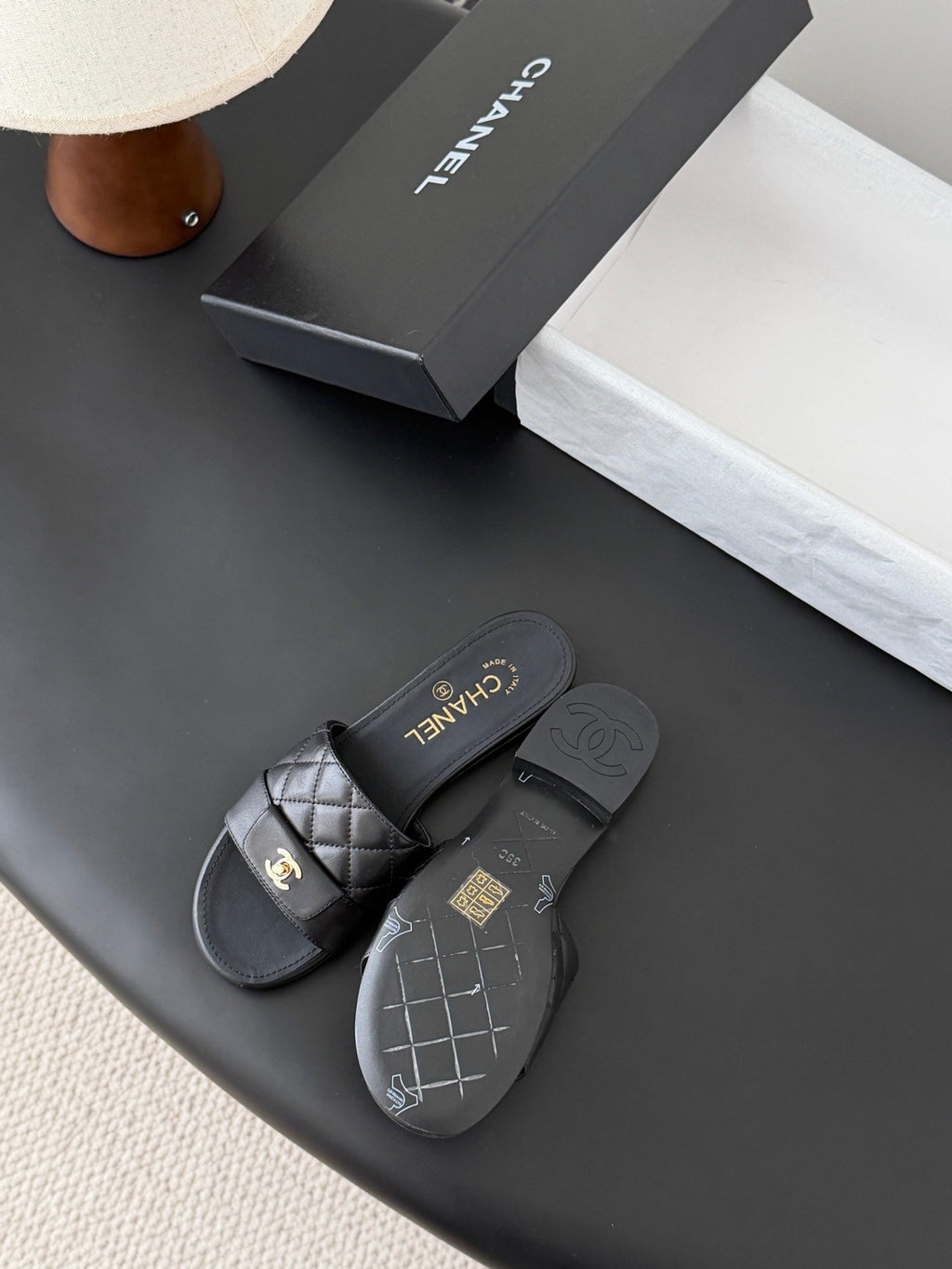 CC 26C Slippers Black Quited Lambskin 670607
