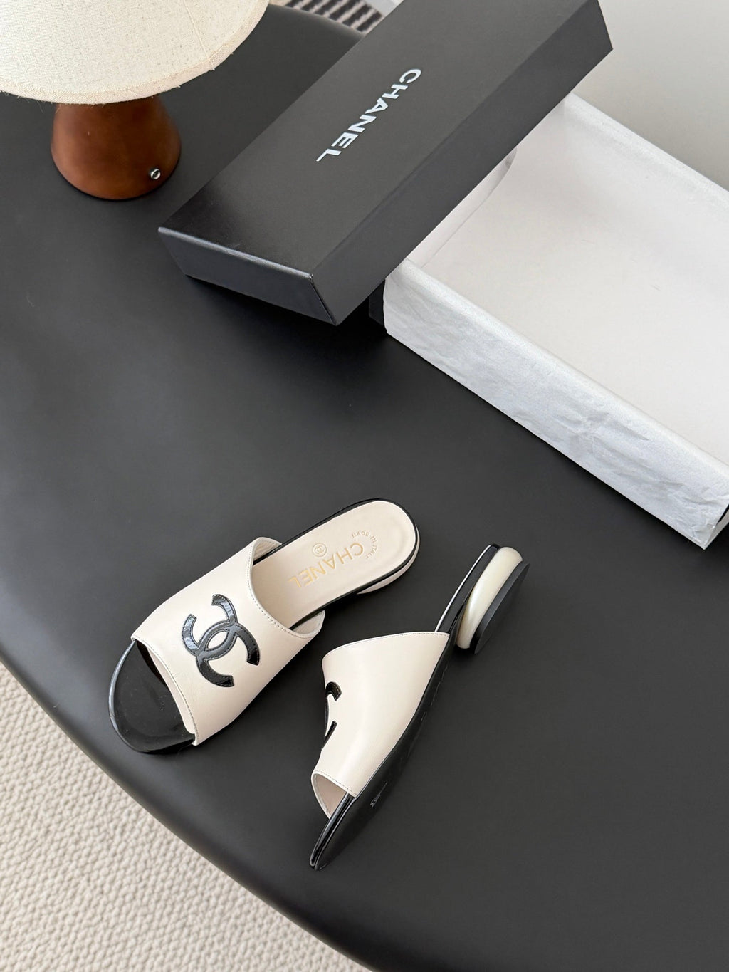 CC 26SS Mary Jane Slippers Black White Lambskin Patent Leather 670617