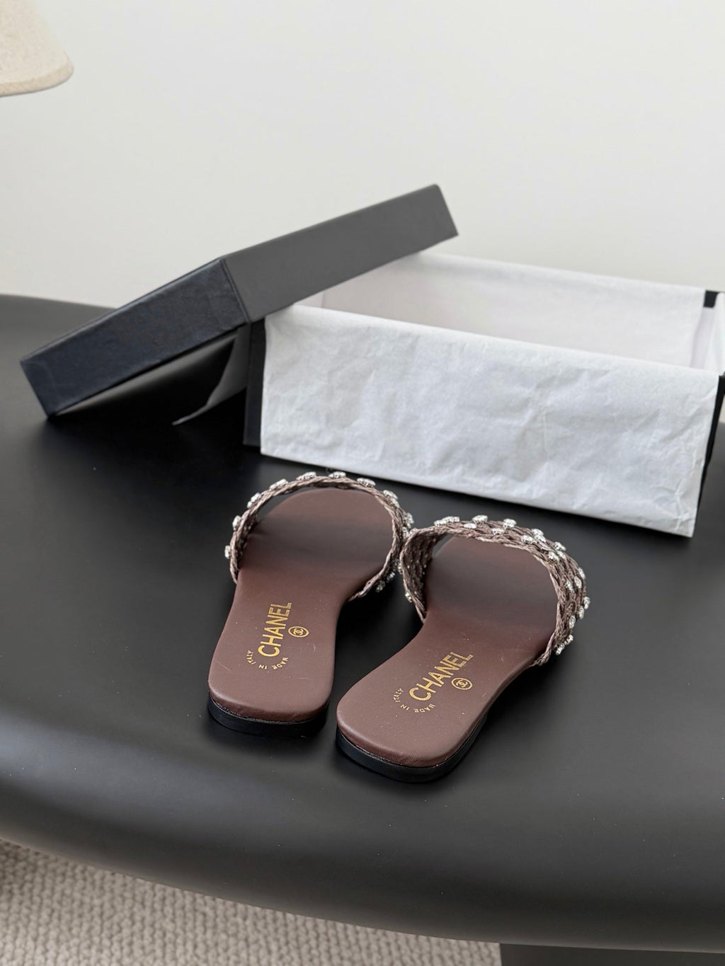 CC 26SS Slipper Chocolate Woven Lambskin 670624
