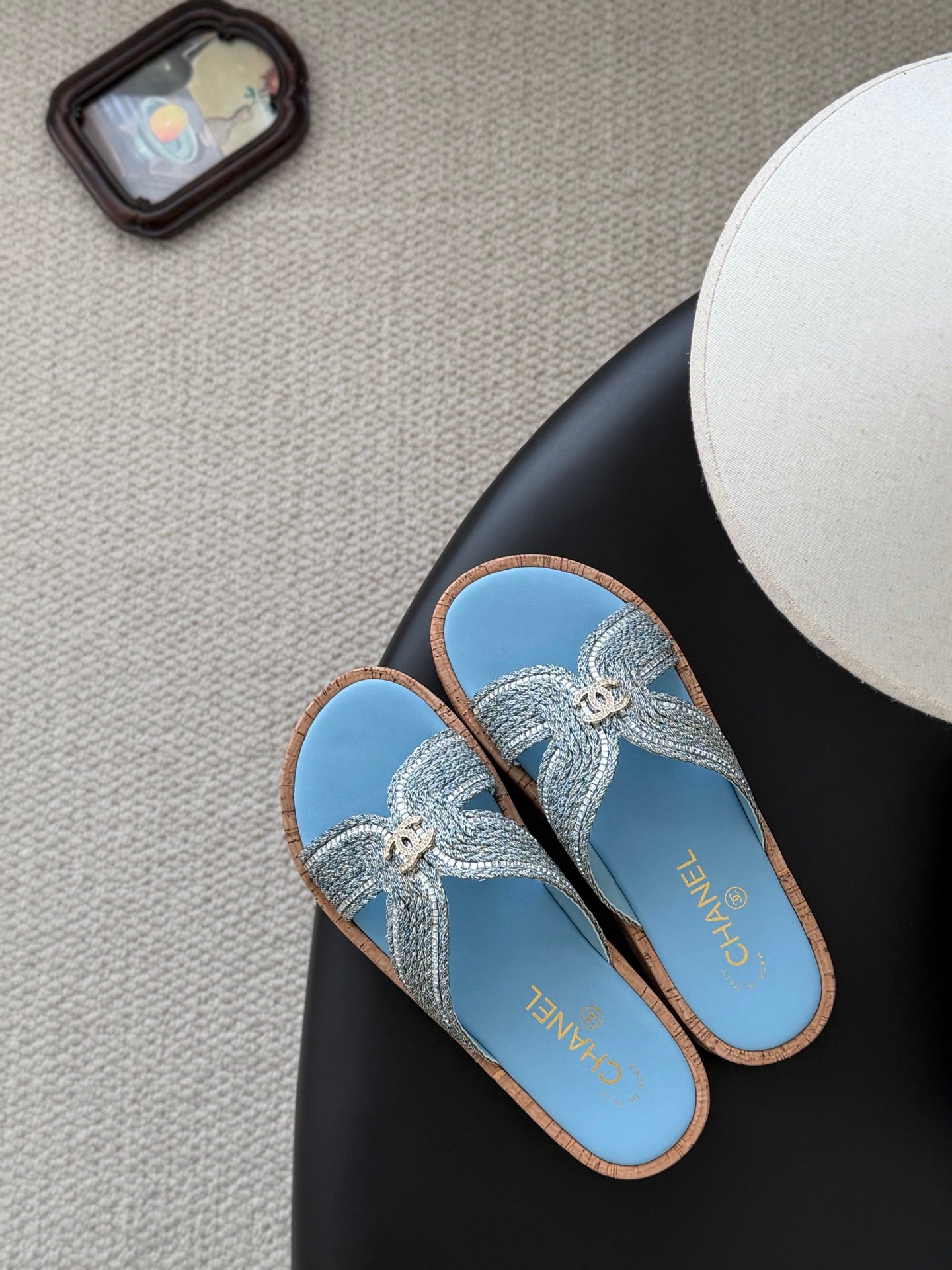 CC 26s Sandals Blue Raffia Sheepskin 670372