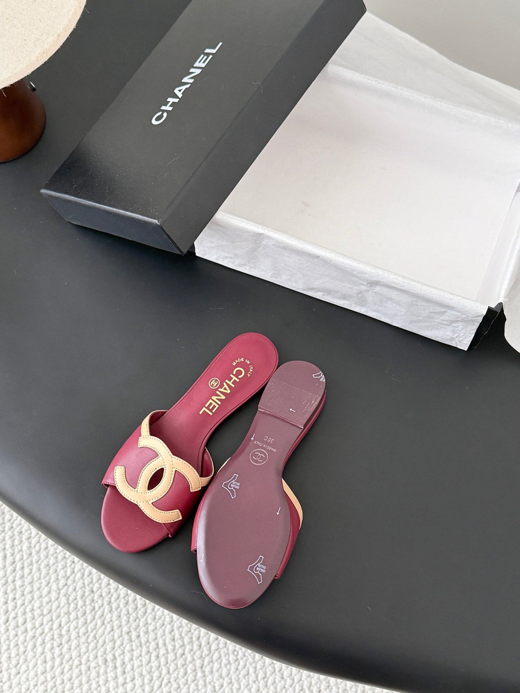 CC 2026 Flat Sandal Beige Burgundy Lambskin 675864