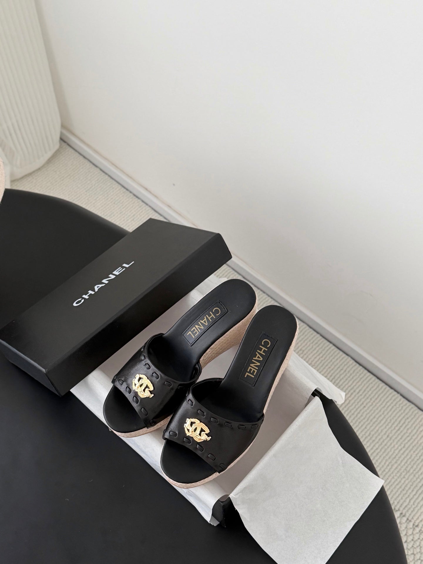 CC Wedge Espadrille Slides 10cm Black Sheepskin 776107