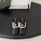 CC Half-Slippers Flat Black White Calfskin 717818