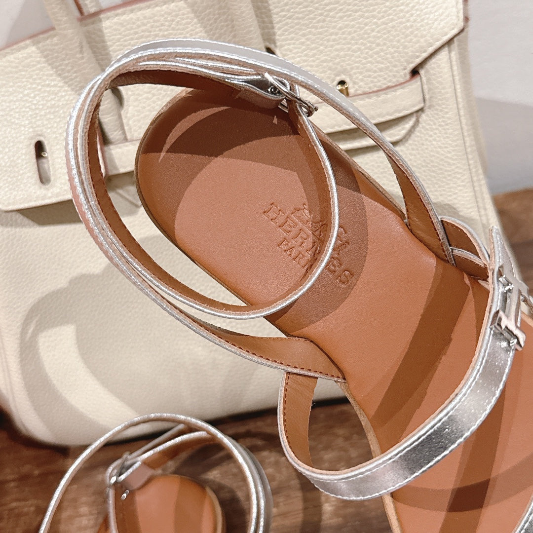 HM Harmonie Sandal Light Brown With Silver Metallic Swift Calfskin 256883