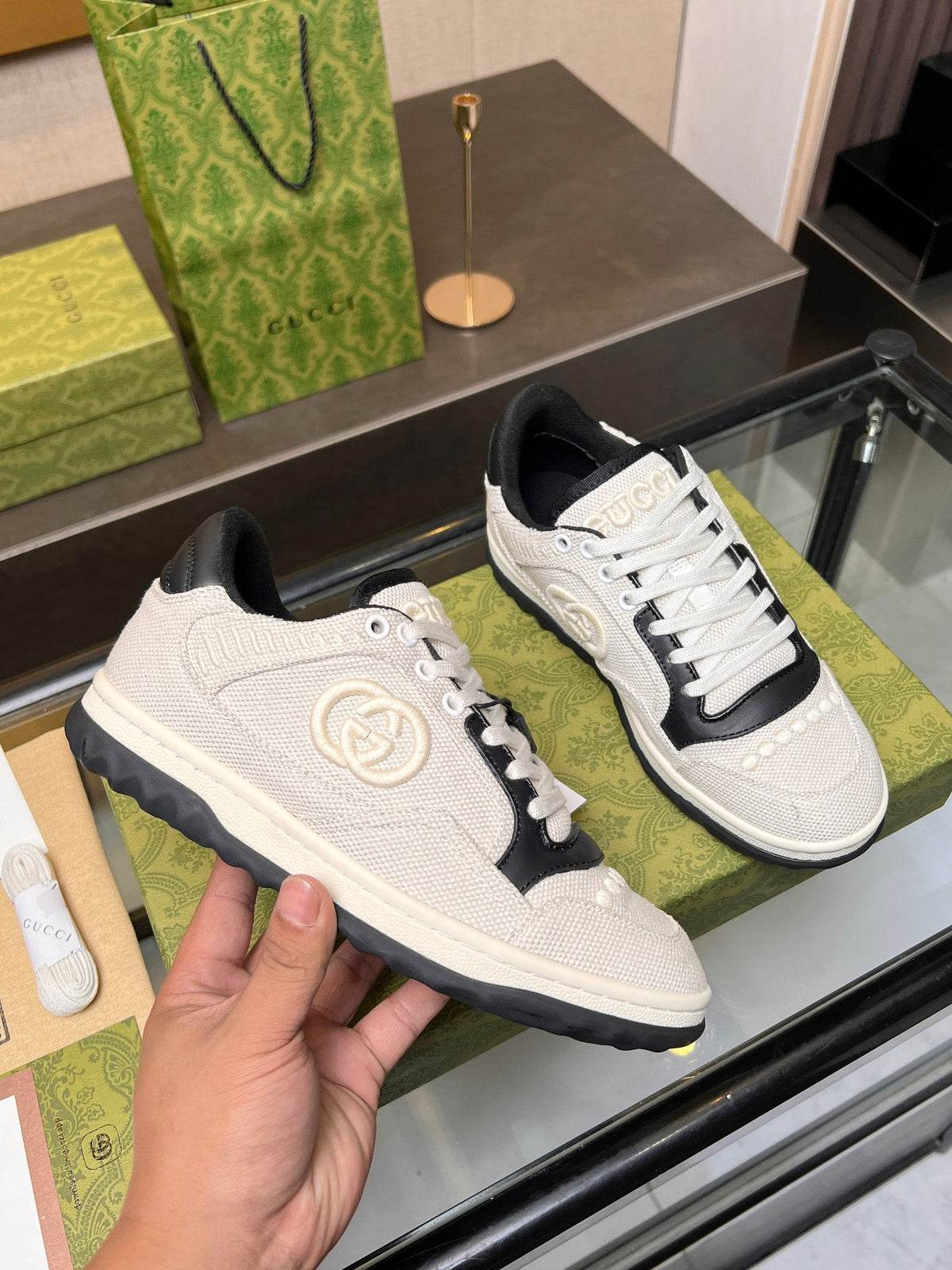 GG MAC80 TRAINER CREAMY WHITE AND BLACK CALFSKIN