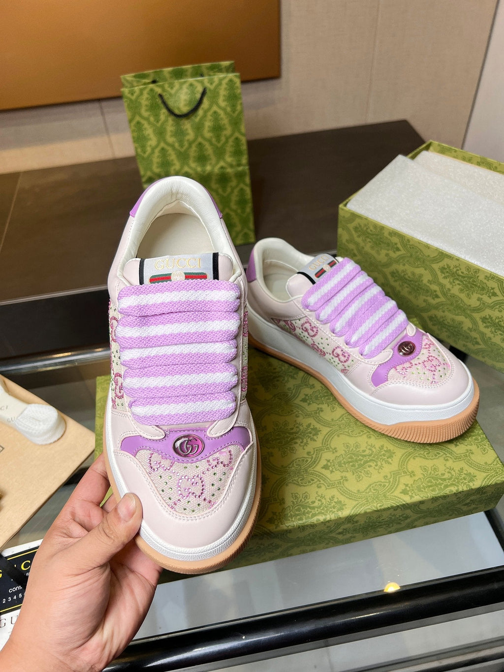 GG Men's Screener Sneaker Purple Canvas Sheepskin 523600