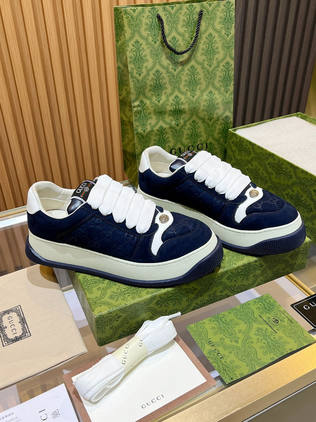 GG Men's Screener Sneaker Blue Canvas Sheepskin 523610