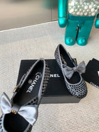 CC MARY JANES SHOES IN STEEL GRAY SATIN WITH BLACK RHINESTONES