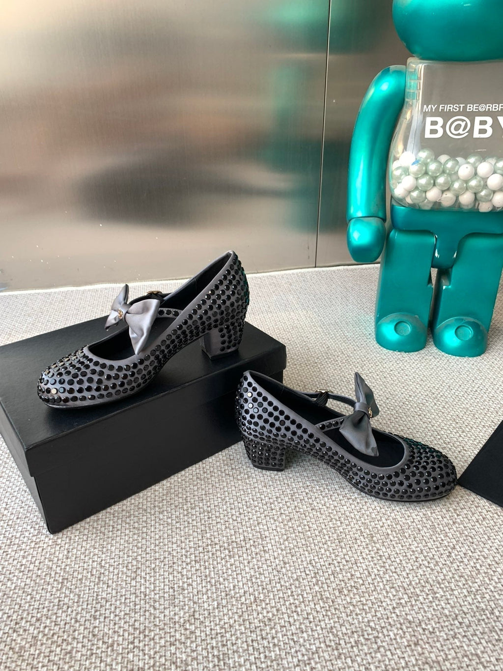 CC MARY JANES SHOES IN STEEL GRAY SATIN WITH BLACK RHINESTONES
