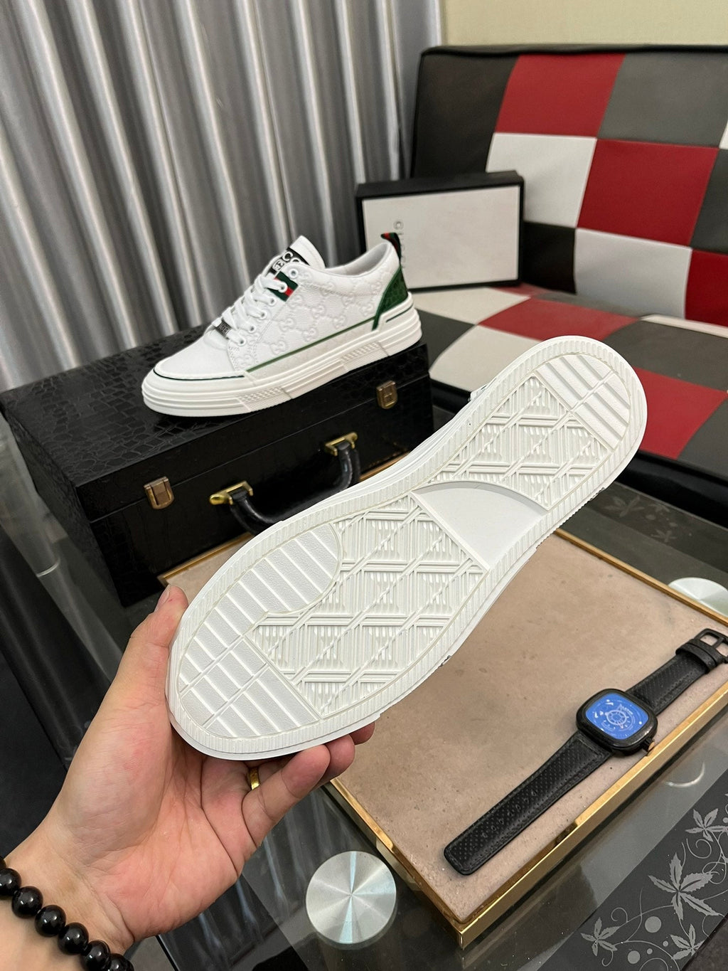 GG Men's ACE Sneaker White Green Embossed Cowhide 543293