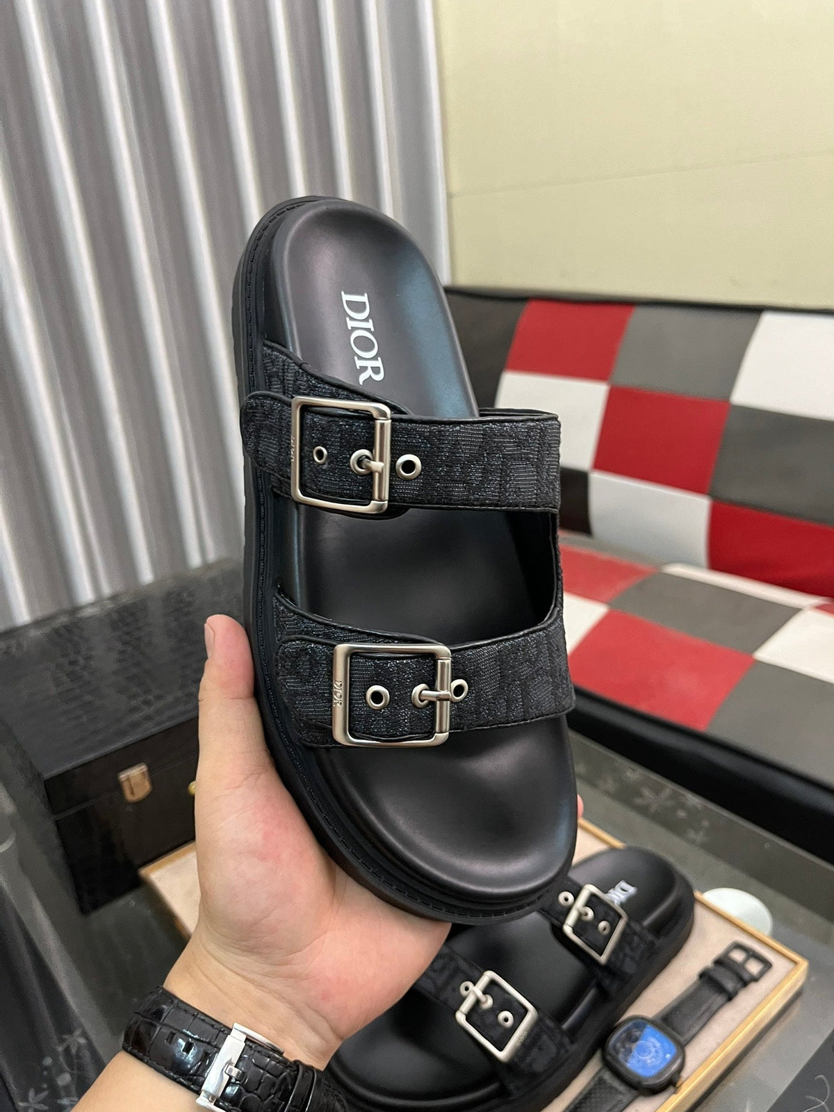 CD AQUA BUCKLE SANDAL BLACK JACQUARD