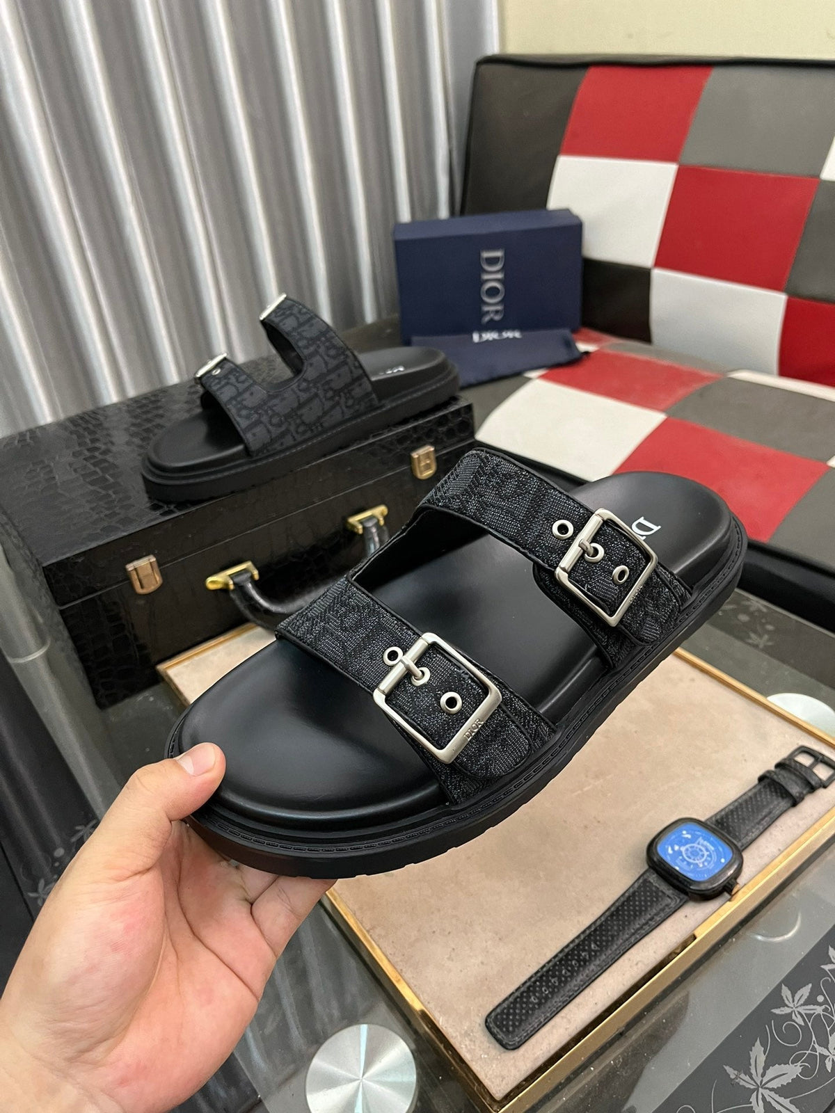 CD AQUA BUCKLE SANDAL BLACK JACQUARD