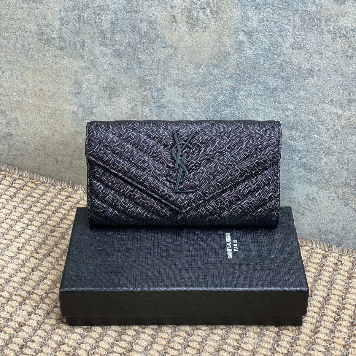 YSL Cassandre Envelope Flap Wallet Full Black Caviar Cowhide