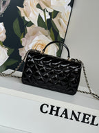 24c mini flap bag 20cm with top handle black patent calfskin