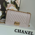 BOY BAG MEDIUM 25 IN PINK NUDE CALFSKIN WITH GOLD HARDWARE