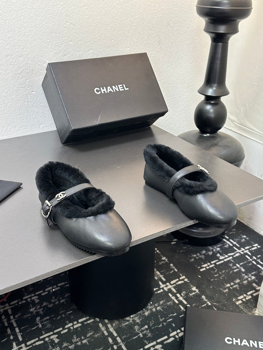 CC 2025 Puffer Ballet Flat With Strap Black Sheepskin Fur 529346