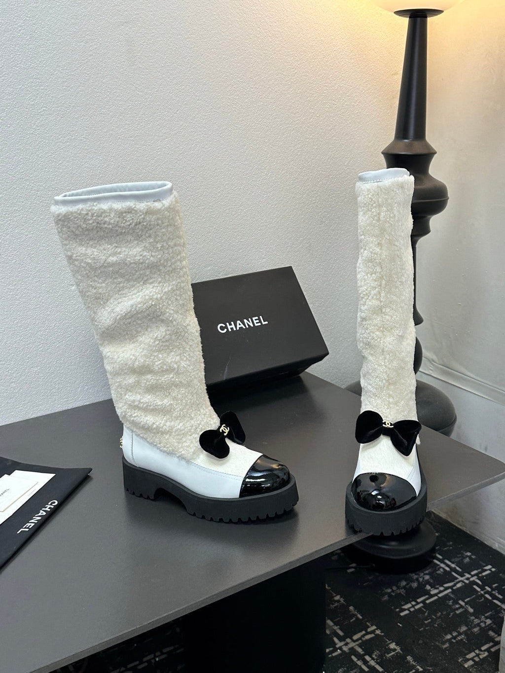 CC Coco Neige 2025/26 High Boots Black White Shearling Lambskin Patent Leather 529340