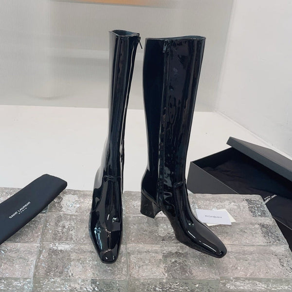YSL 25 High Heeled Long Boot Black Patent Leather 522261