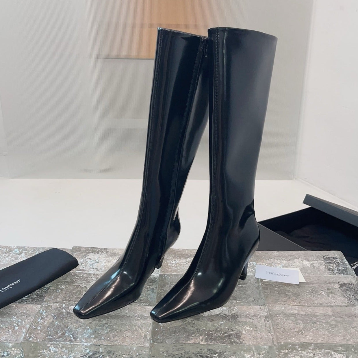 YSL 25 High Heeled Long Boot Black Cowhide 522263