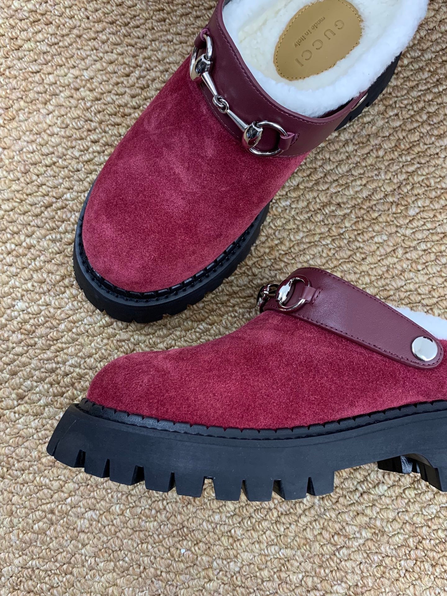 Gucci FW 25 Horsebit Suede Clog Red Suede with Shearling 506447