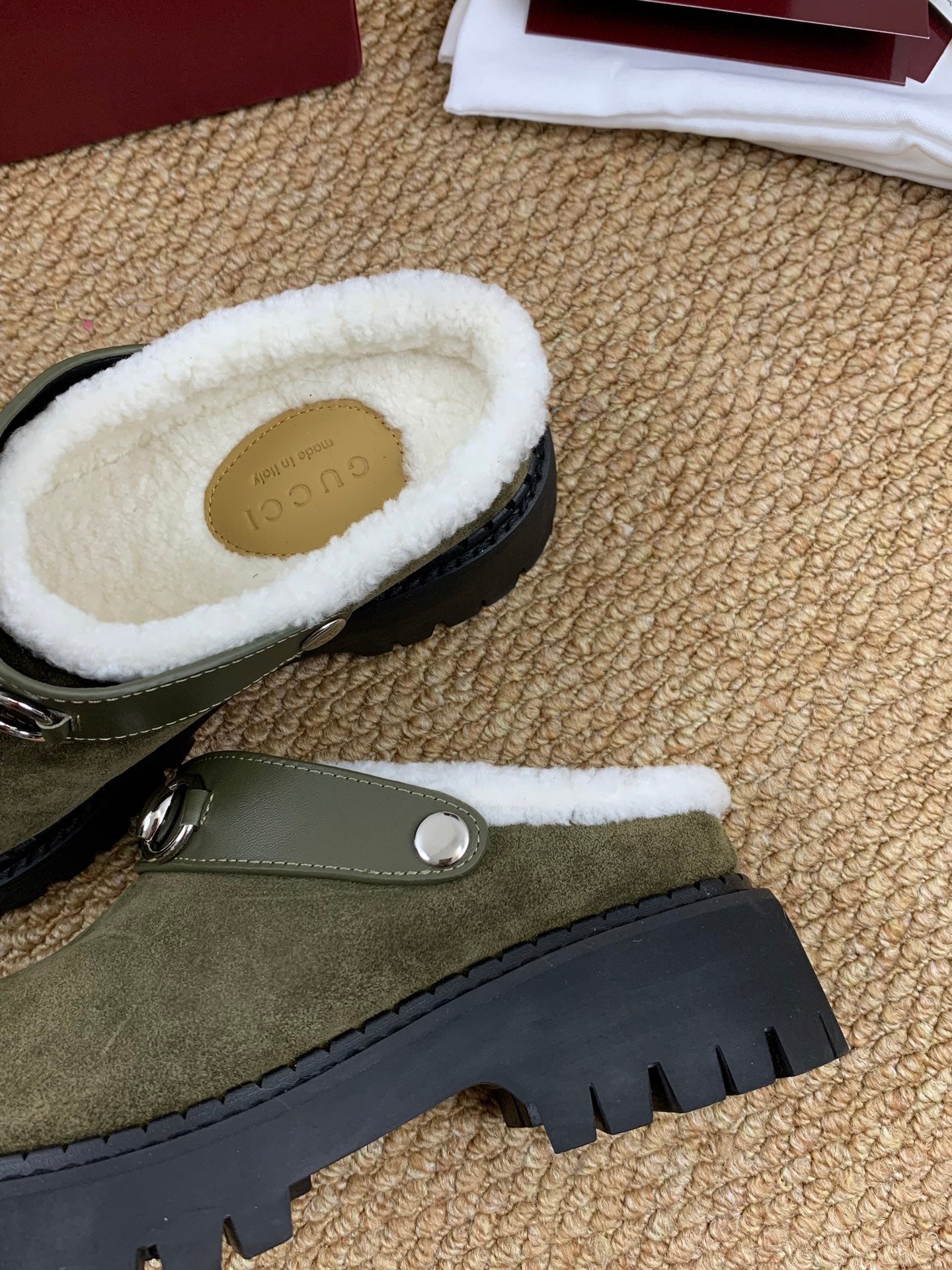 Gucci FW 25 Horsebit Suede Clog Dark Green Suede with Shearling 506446