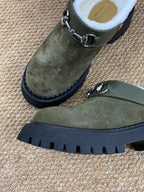 Gucci FW 25 Horsebit Suede Clog Dark Green Suede with Shearling 506446