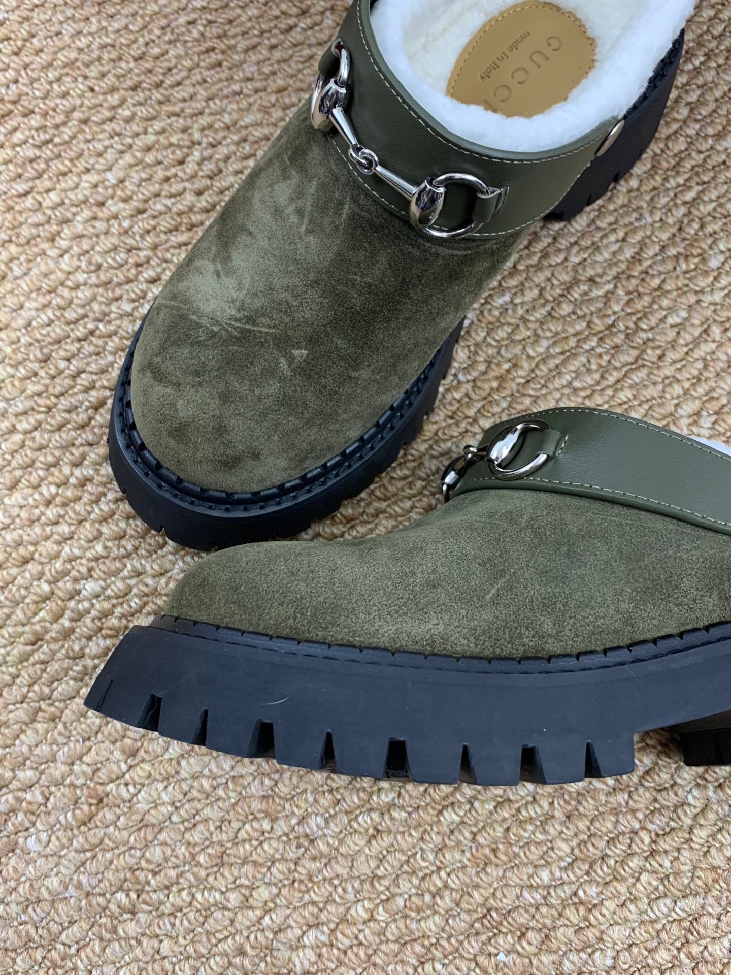 Gucci FW 25 Horsebit Suede Clog Dark Green Suede with Shearling 506446