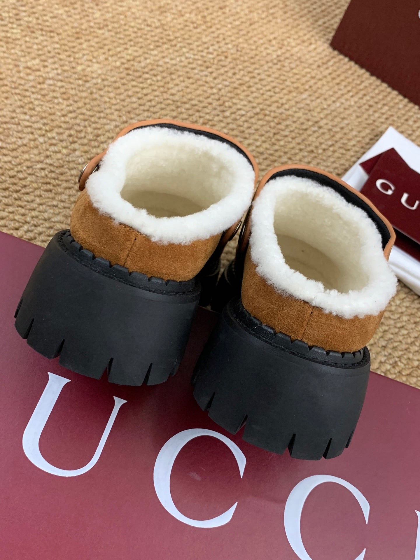 Gucci FW 25 Horsebit Suede Clog Camel Suede with Shearling 506444